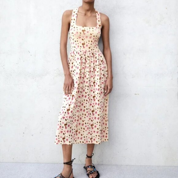 Zara Dresses & Skirts - Zara Floral Print Jacquard Knit Square Neck Midi Dress Light Yellow Size Medium